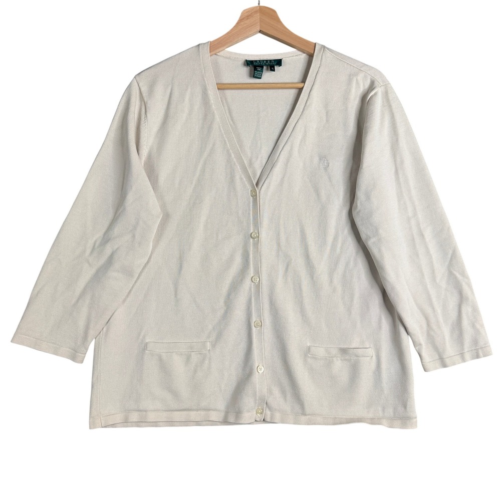 Lauren Ralph Lauren Womens XL Silk Blend V-Neck Cardigan Ivory Button Front Logo